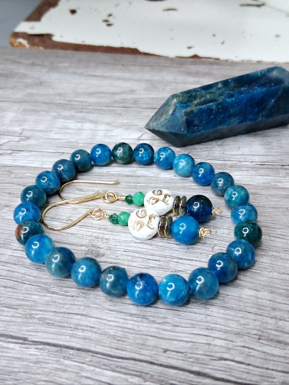 Blue Apatite 3 Piece Set, Crystal Tower, Earrings, Bracelet